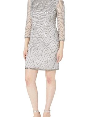 J Kara Silver Sequin Sheer-Sleeve Mini Dress